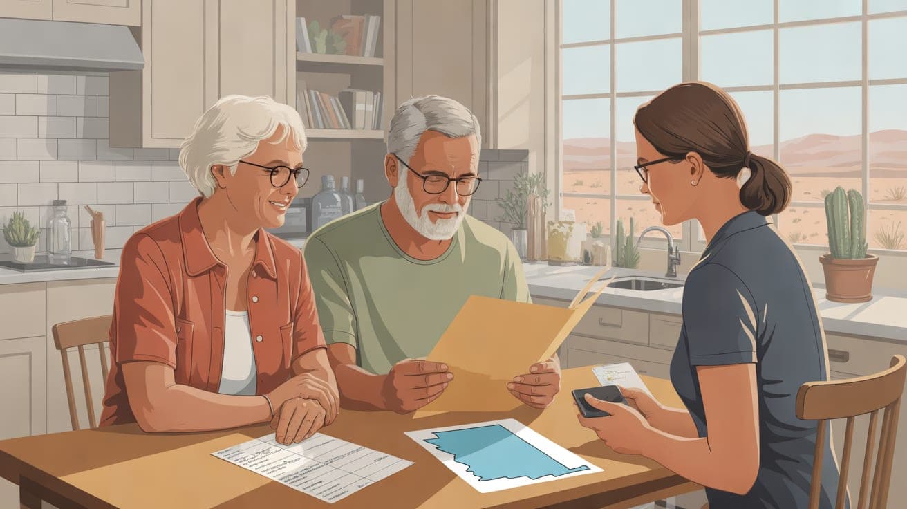 Create a warm, polished editorial illustration of an older Arizona couple at a sunlit kitchen table in their home, calmly reviewing a folder beside a handwritten medication list and a small map of Ari
