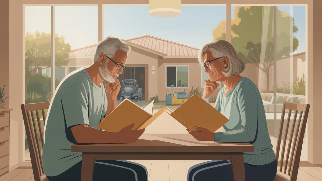 Create a polished editorial illustration of a mature Arizona couple at a sunlit dining table in a Tempe-style home, thoughtfully comparing two unlabeled, text-free policy folders while a subtle home-c