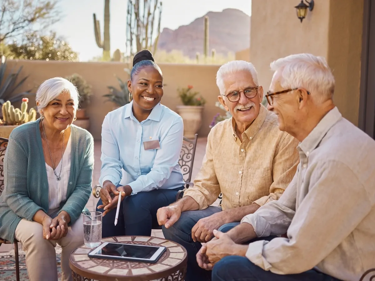 Ilustración de adultos mayores conversando al aire libre en un entorno desértico