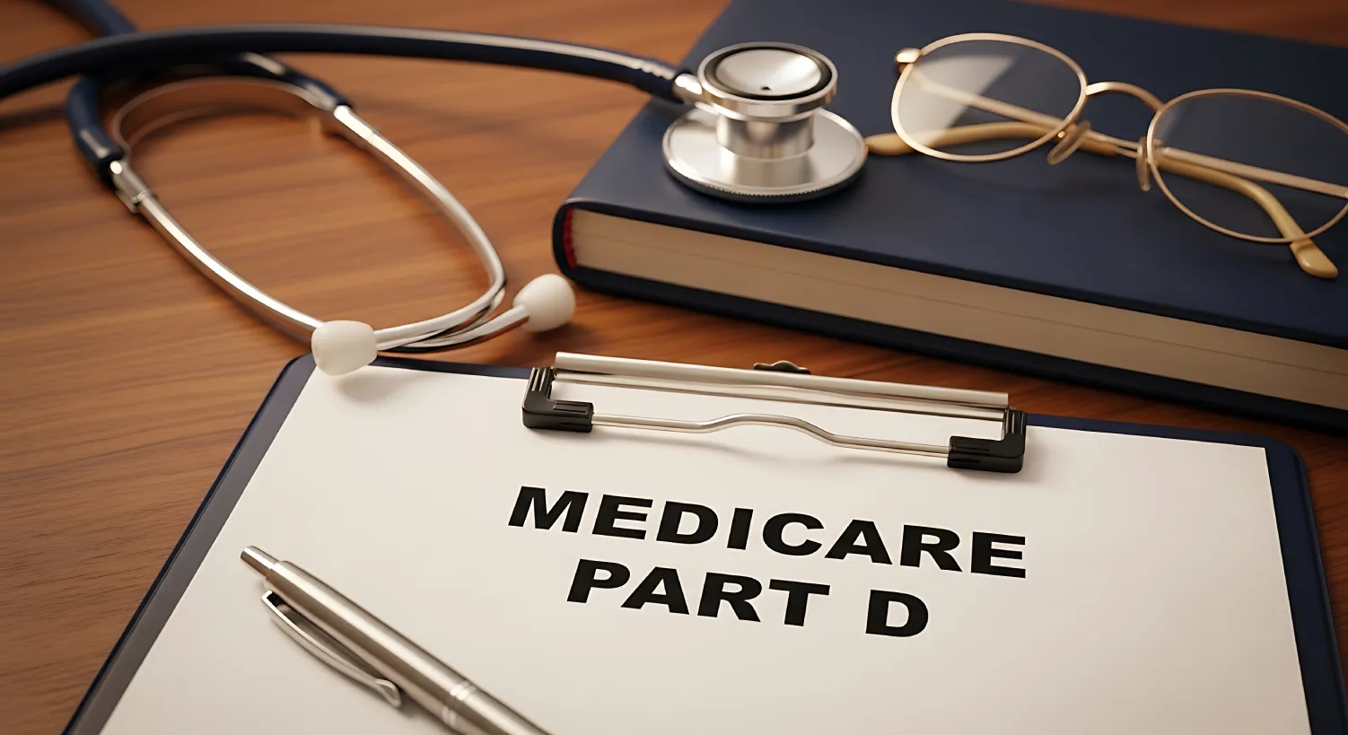 prescription-drug-plans-part-d-medicare Clipboard with Medicare Part D prescription drug plans document with stethoscope