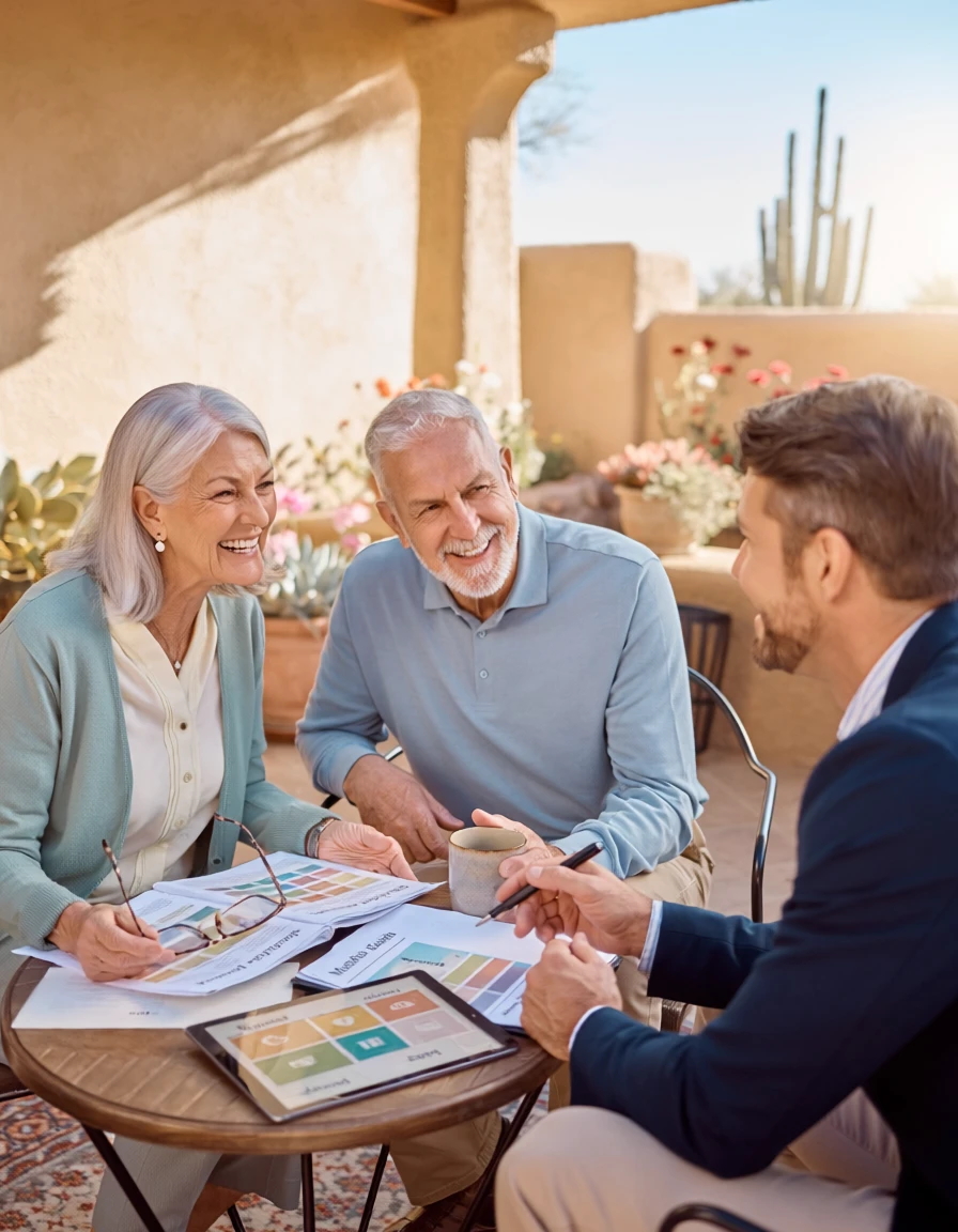 local-medicare-agents-az-senior-couple-consultation A local Medicare agent in Arizona meets with a smiling senior couple on a sunny desert patio, reviewing Medicare plan documents and a tablet with saguaro cacti in the background.